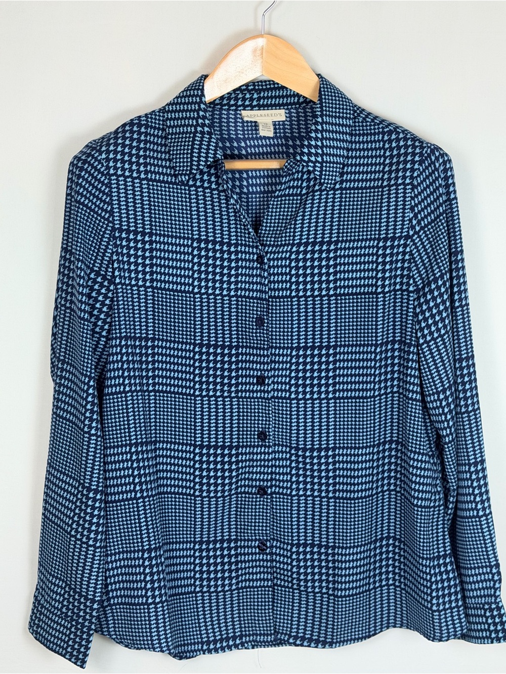 Appleseed’s Blue Houndstooth Button Front Blouse Size 12 Career